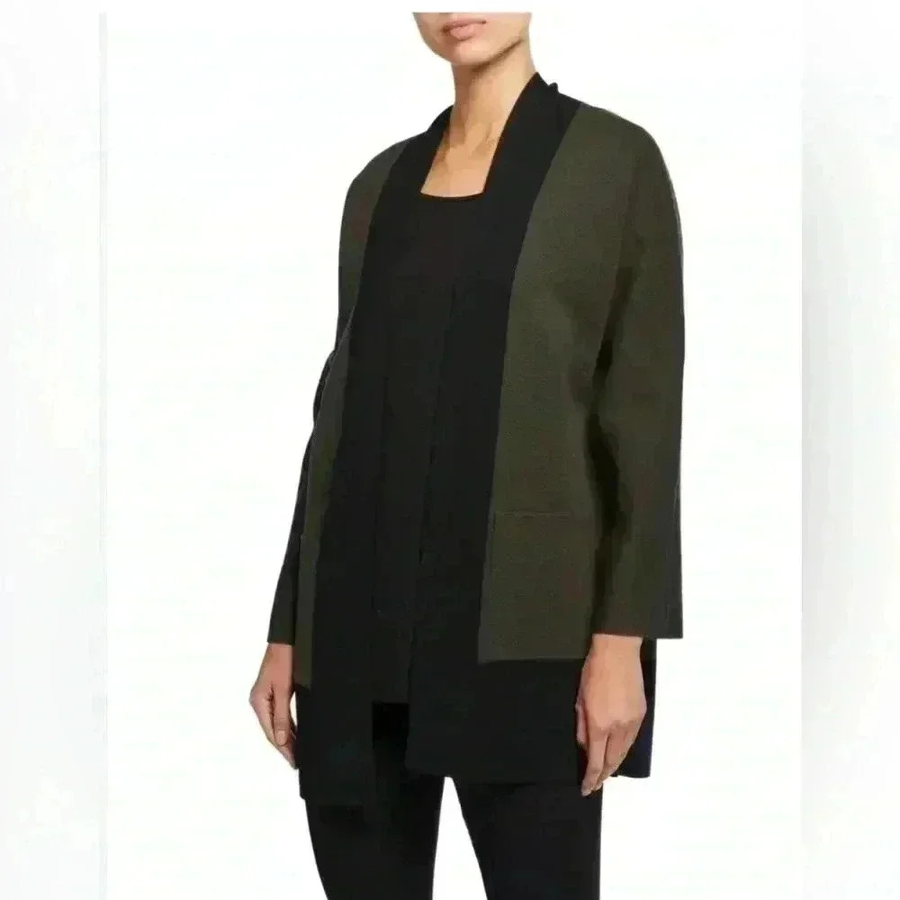 Eileen Fisher Merino Wool color block cardigan